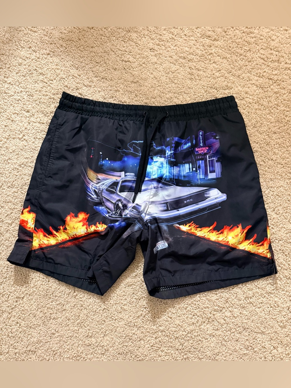 Men's Black Graphic Swim Trunks with Flaming Car Print. Size Large